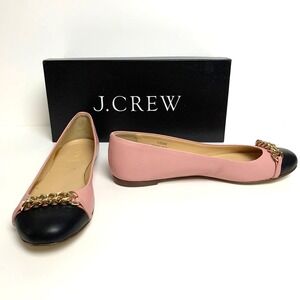 NIB J Crew Nora Leather Chain Cap Toe Ballet Flats Shoes 6.5  Pink Black 13586